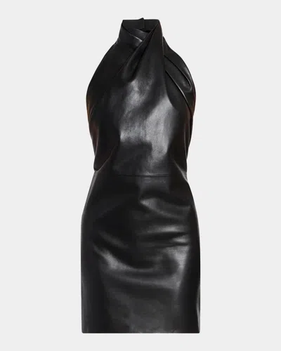 Balmain Halterneck Leather Draped Mini Dress In Noir