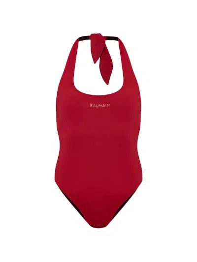 Balmain Halterneck Logo-embellished Swimsuit In Burgundy