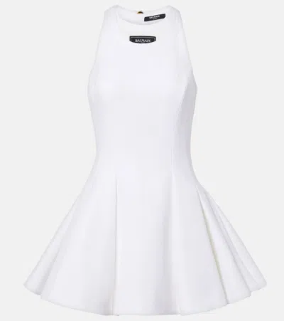 Balmain Halter Double-collar Sleeveless Mini Flare Dress In White