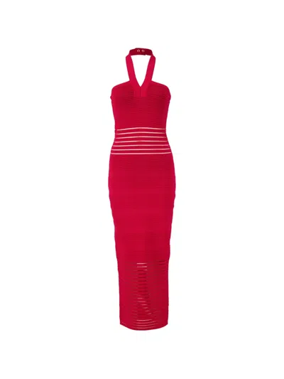 Balmain Halterneck Openwork-panel Maxi Dress In Red
