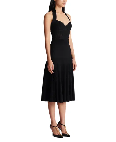 Balmain Halterneck Pleated Knit Midi Dress In Black