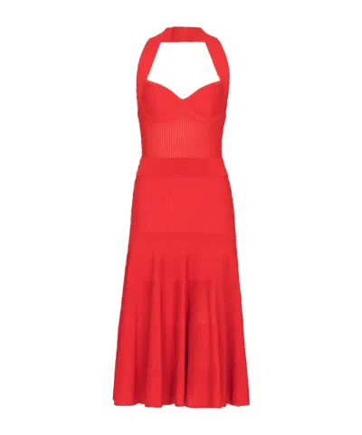 Balmain Halterneck Pleated Knit Midi Dress In Burgundy