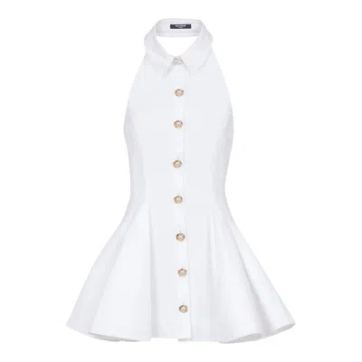 Balmain Halterneck Popeline Flare Dress In White