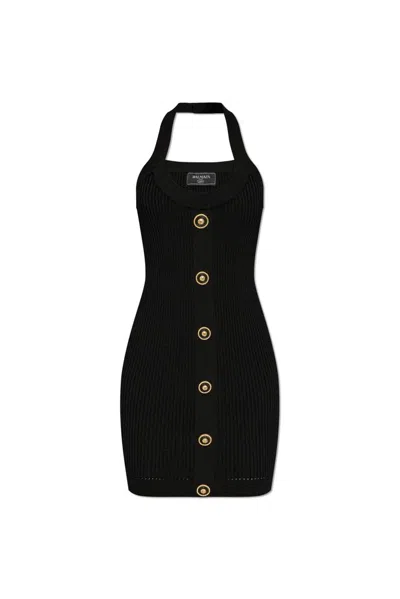 Balmain Ribbed Halterneck Mini Dress In Black