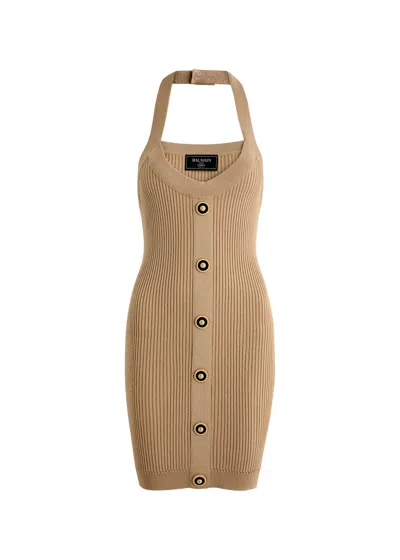 Balmain Halterneck Ribbed-knit Mini Dress In Nude