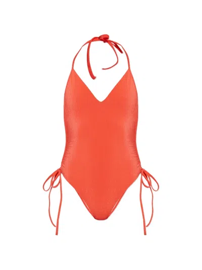 Balmain Halterneck Side-tie Swimsuit In Red