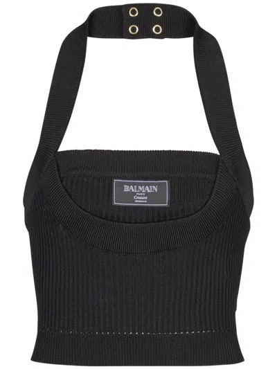 Balmain Ribbed Knit Halterneck Top In Black