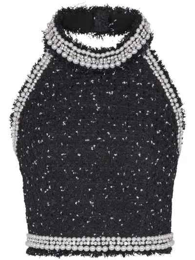 Balmain Halterneck Tweed Cropped Top In Black