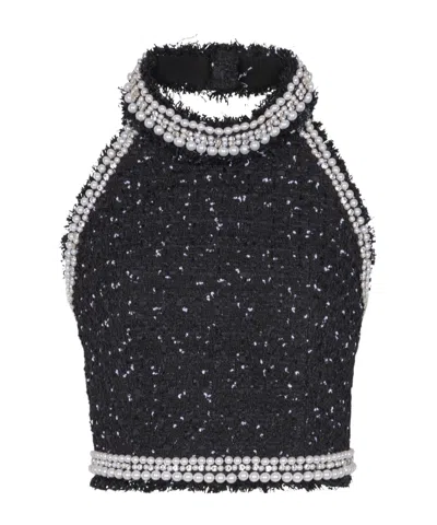 BALMAIN BALMAIN EMBROIDERED POLKA-DOT TWEED HALTERNECK TOP