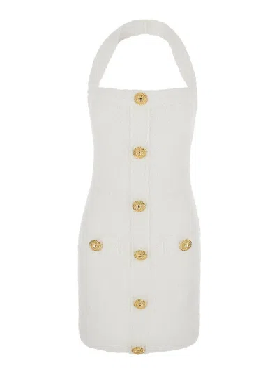 Balmain Halterneck Tweed Mini Dress In White