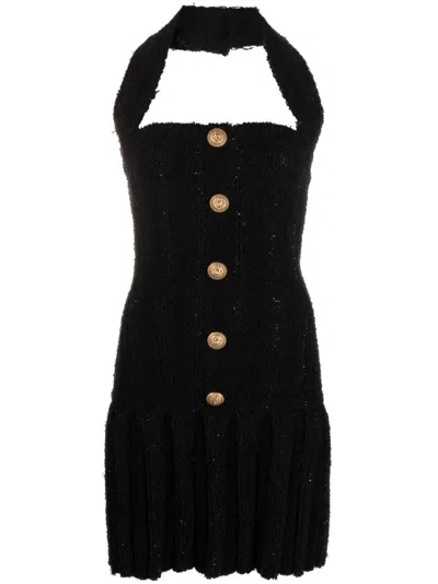 Balmain Embellished Pleated Tweed Halterneck Mini Dress In Pa Noir
