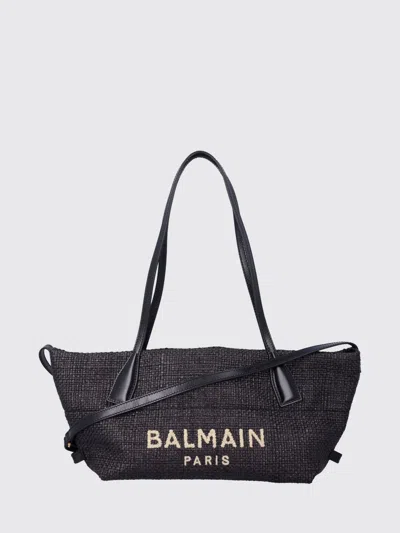Balmain Women Track Shoulder Bag In Leather And Raffia In Black