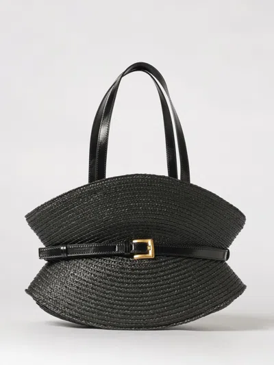 Balmain Shuffle Medium Buckled Leather-trimmed Raffia Shoulder Bag In Black