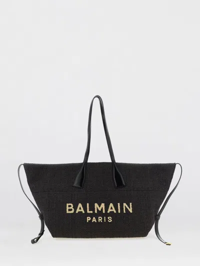 Balmain Women Track Shoulder Bag In Leather And Raffia In Black