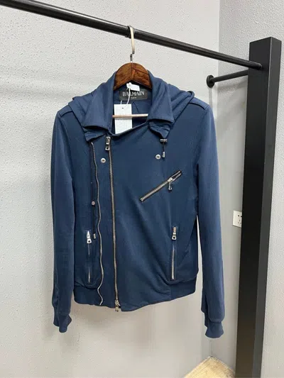 Pre-owned Balmain Heavy Zip Hooded Sweatshirt In Blue