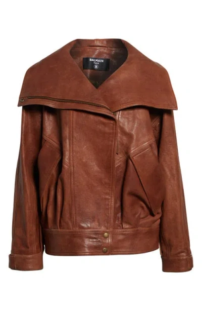 Balmain High Collar Leather Bomber Jacket In Multi
