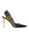 Balmain Ruby Stiletto Slingbacks In Calfskin And Pb Labyrinth Canvas In Black
