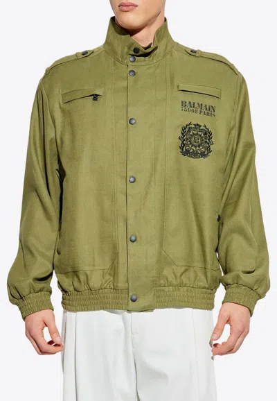 Balmain High-neck Aviator Style Jacket In Green