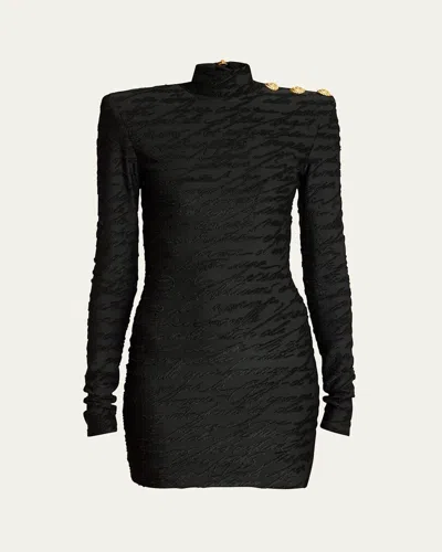 BALMAIN HIGH NECK BODY-CON MINI DRESS WITH SHOULDER BUTTONS