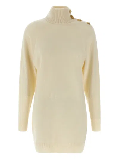 Balmain Cashmere Wool High Neck Button Dress In Neutral