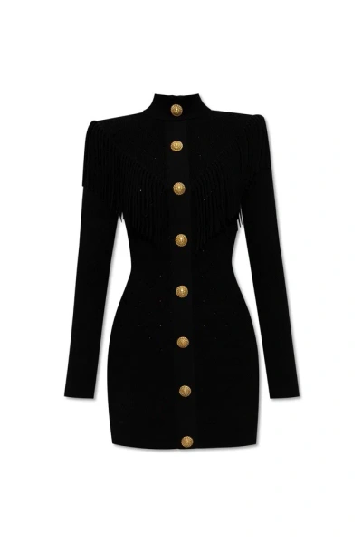 Balmain Fringed Fine-knit Minidress In Noir