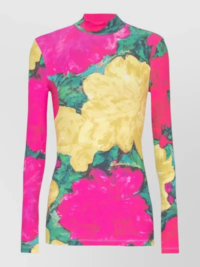 Balmain High Neck Jersey Top Fitted Print In Multi