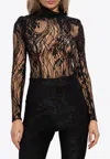 Balmain Black Long-sleeved Lace Bodysuit In Black