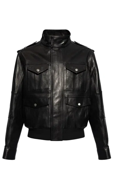 Balmain High-neck Leather Jacket In Black