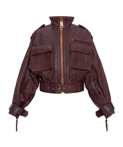 Balmain Belted Lambskin Jacket In Burgundy