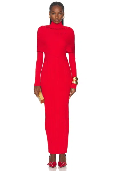 Balmain High Neck Pleated Knit Long Dress In Pink
