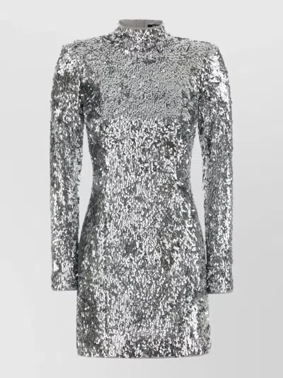Balmain High Neck Sequin Mini Dress Long Sleeves In Neutral