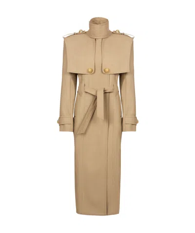 Balmain Trench Coat With Belted Waist And High Collar In Beige