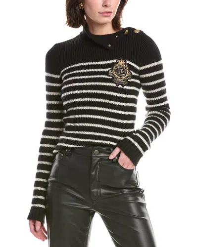 Balmain High Neck Striped Cashmere & Wool-blend Pullover In Black