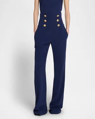 Balmain High-rise Buttoned Wide-leg Crepe Pants In Midnightblue