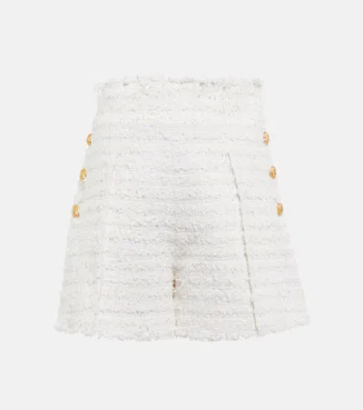Balmain Button-embellished Frayed Tweed Shorts In Fa Blanc