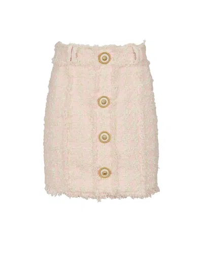 Balmain High-waist Buttoned Tweed Mini Skirt In Gold