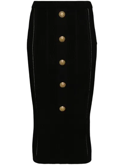 Balmain High Waist Five Button See Through Knit Midi Skirt In Black