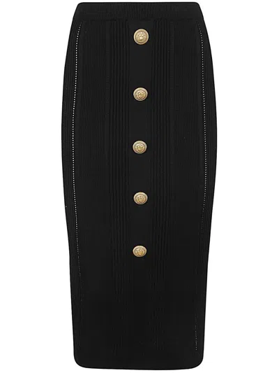 Balmain High Waist Five Button See Through Knit Midi Skirt In Black