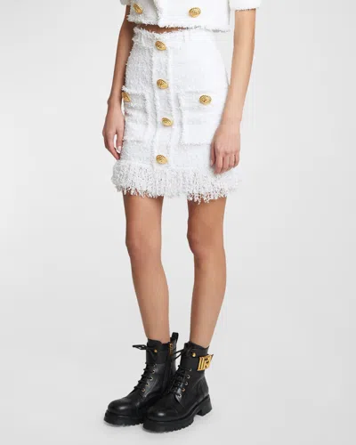 Balmain High-waist Fringed Tweed Mini Skirt In White