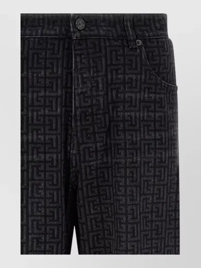 Balmain High Waist Monogram Pattern Denim Jeans In Black