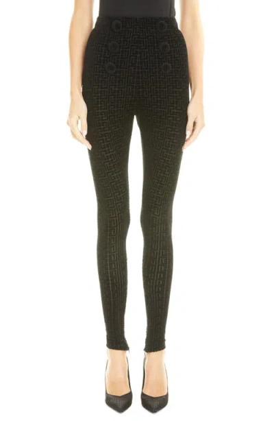Balmain High Waist Monogram Velvet Leggings In Black