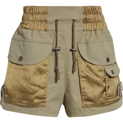 Balmain High Waist Multipocket Cotton Twill & Nylon Shorts In Green