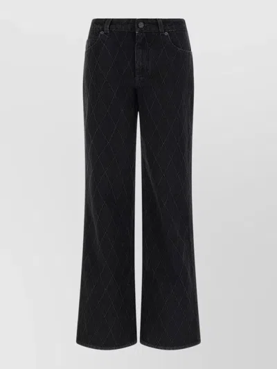 Balmain High Waist Quilted Wide Leg Denim Jeans In Black