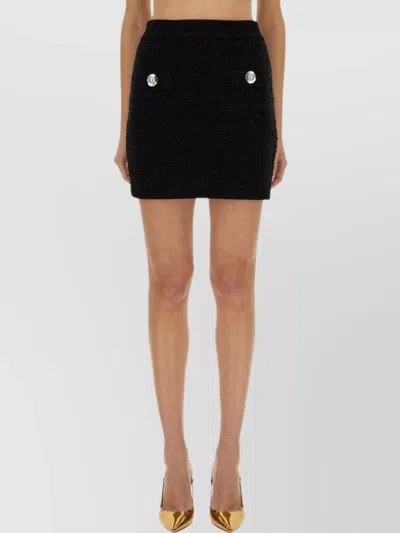 Balmain High Waist Short Tweed Skirt With Decorative Buttons In Black