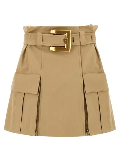 Balmain Gabardine Mini Skirt With Gold-tone Hardware In Neutral