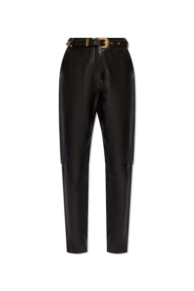 Balmain High Waist Tapered Leg Leather Pants In Black