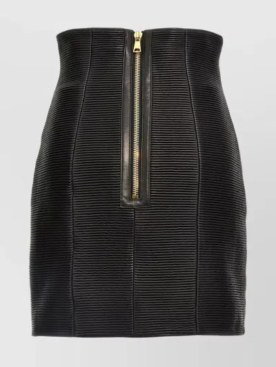 Balmain High Waist Textured Fabric Zip Detail Skirt In Black