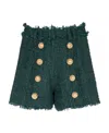 Balmain Frayed Button-embellished Bouclé Shorts In Green