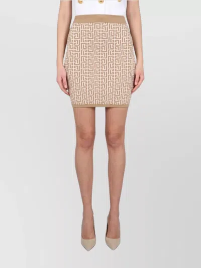 Balmain Fitted Mini Skirt With All-over Pattern In Beige