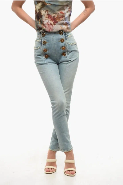 Balmain High-waisted Slim Fit Jeans With Golden Buttons 13cm In Blue
